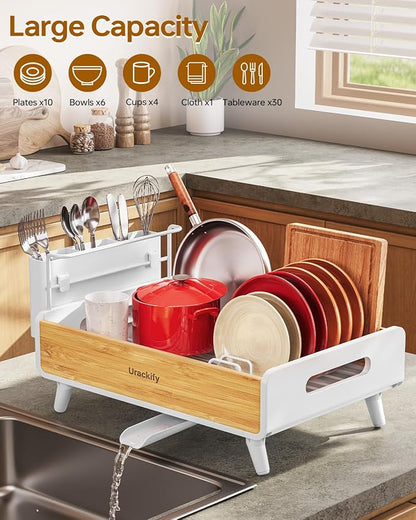 Urackify Dish Drying Rack for Kitchen Counter - Stainless Steel & Bamboo Dish Rack with Large Removable Utensil Holder, Dish Drainer with Adjustable Automatic Spout, White