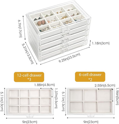 ProCase Earring Holder Organizer Jewelry Box with 5 Drawers, Acrylic Clear Earring Case with Adjustable Velvet Trays for Women - Warmwhite,5 Layers
