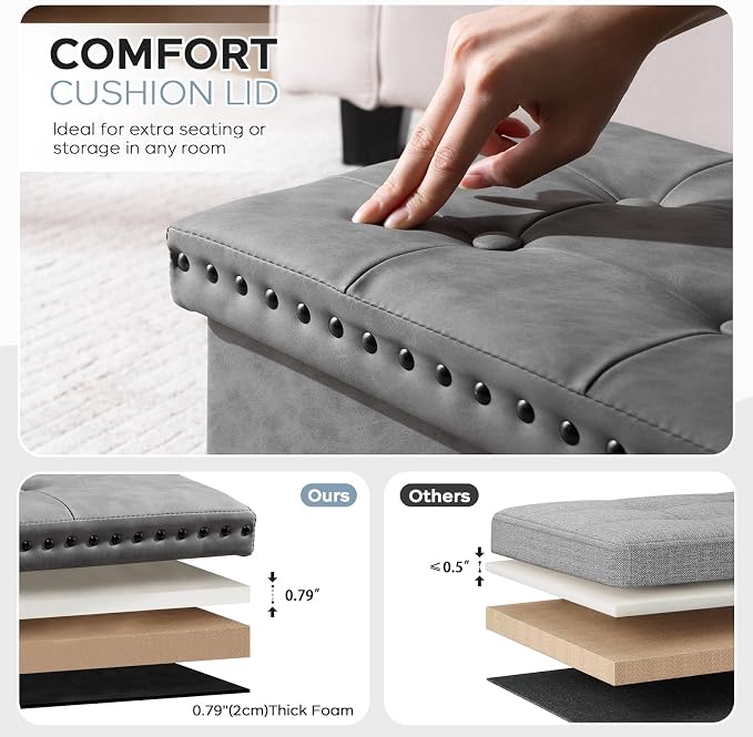 oakvivo 30 Inches Folding Storage Ottoman Bench, Leather End of Bed Foot Rest Stools with Button Tufted Rivet Design, Ottoman with Padded Seat for Bedroom, Living Room, Entryway, 330 lb, Grey