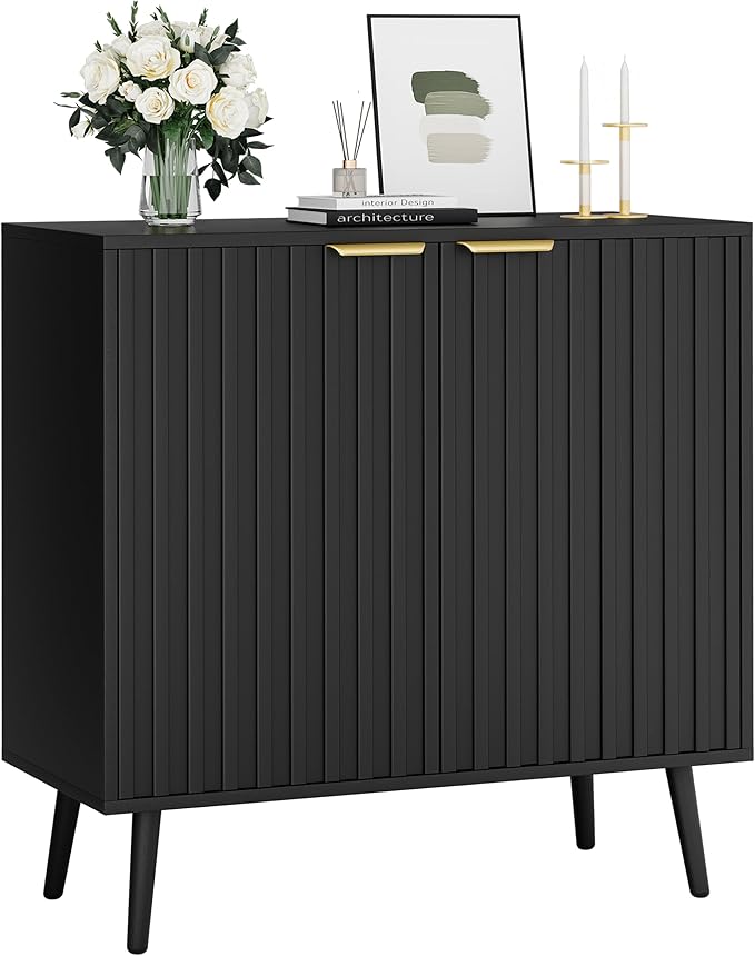 Modern Storage Cabinet, Black Sideboard and Buffet Storage, Wood Accent Cabinet for Living Room, Hallway, Entryway, Dining Room (1, Black+Gold)