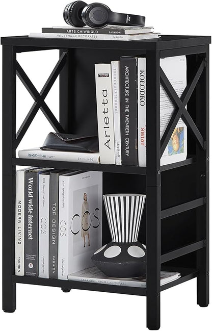 MNEETRUNG Small Bookshelf,3 Tier Industrial Bookcase with Metal Frame and Backboard,Low Black Book Shelf,Book case for Small Spaces,Living Room,Bedroom and Home Office