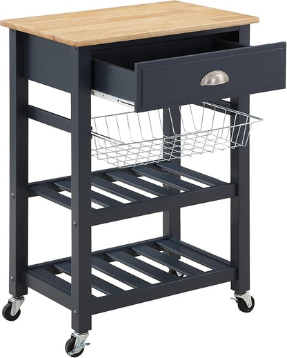 OSP Home Furnishings Hampton Kitchen Cart with Wood Top, Utensil Drawer, Under Cabinet Basket, and 2 Slatted Shelves, Blue Stone Base