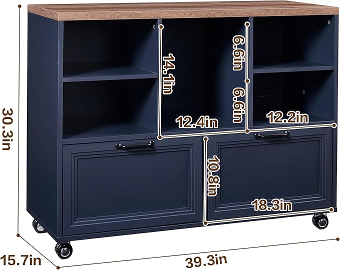 40" Farmhouse File Cabinet,Lateral File Cabinet with Wheels,Wood File Cabinet with shelve,Filing Cabinet with 2 Drawers for Legal/Letter/ A4 Size (Blue)