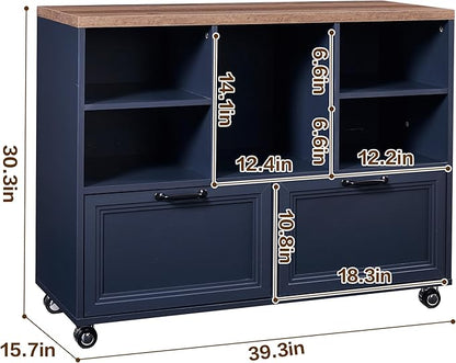 40" Farmhouse File Cabinet,Lateral File Cabinet with Wheels,Wood File Cabinet with shelve,Filing Cabinet with 2 Drawers for Legal/Letter/ A4 Size (Blue)