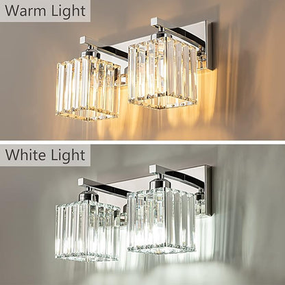 Modern Bathroom Vanity Light 2-Lights Chrome Crystal Bathroom Wall Light Vanity Light Fixtures，12.59-inch Modern Minimalist Design