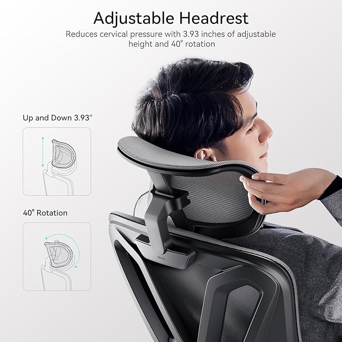 Hbada Office Chair, Desk Chair with Adjustable Lumbar Support and Height, Comfortable Mesh Computer Chair with Footrest 2D Headrest, Swivel Tilt Function Grey