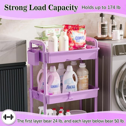 SUNALLY 3 Tier Rolling Cart Organizer with Drawer, Bathroom Storage Carts with Wheels & Plastic Shelf, Mobile Storage Organizers for Kitchen, Office, Laundry Room, Baby, Snack, Craft, Makeup, Purple