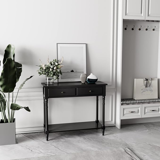 Solid Wood Console Table with 2 Drawers, 2-Tier 35.4" X 30" Accent Sofa Table with Multilayer Storage Shelf Rustic Hall Entryway Tables for Living Room Home Office-Black