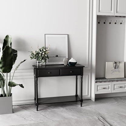 Solid Wood Console Table with 2 Drawers, 2-Tier 35.4" X 30" Accent Sofa Table with Multilayer Storage Shelf Rustic Hall Entryway Tables for Living Room Home Office-Black