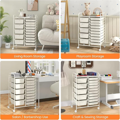 LDAILY 15 Drawer Rolling Storage Cart, Rolling Cart with Drawers for Classroom, Art Supply Craft Organizer on Wheel with Metal Frame & Handles for Home Office School