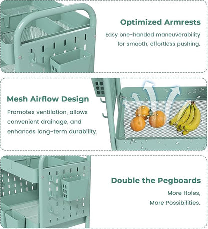 danpinera Rolling Cart, Movable Utility Organizer with Retractable Dividers & Pegboards for Kitchen, Bathroom, Office