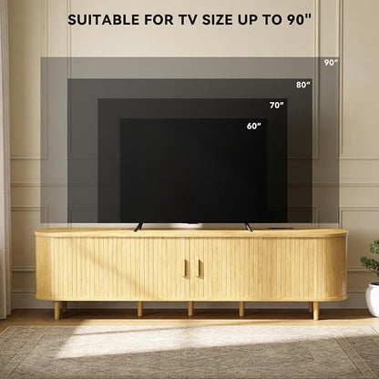 80" Mid Century Modern TV Stand with Power Outlet, Fluted Entertainment Center with Storage and Adjustable Shelves, Wood TV Console with Sliding Doors for Living Room, Oak