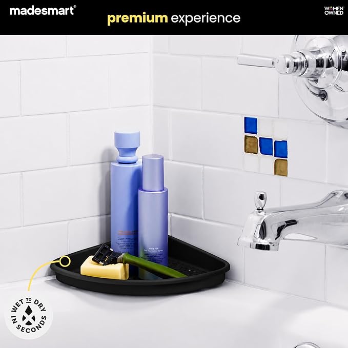 madesmart Bathtub Corner Shelf, Suction Cup Bath Organizer for Shampoo, Soap, Razors & Shower Accessories, Non Slip Bathroom Storage Tray with Drainage Holes, Carbon
