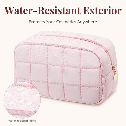 Makeup Bag for Women, Travel Cosmetic Bag Organizer with Compartments, Quilted Puffy Toiletry Pouch for Brushes, Essentials and Accessories, Black