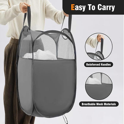 TECHMILLY Pop Up Foldable Laundry Basket, Mesh Laundry Hamper with Reinforced Handles for Dirty Clothes Storage in Dorm, Laundry Room, Bathroom, Grey(Fabric)