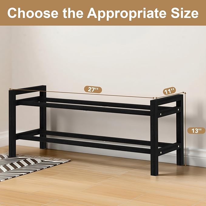 Haddockway Bamboo Shoe Rack for Closet, Free Standing Shoe Organizer with Smooth Round Rods & Convenient Handles, Stackable Shoe Storage Shelf for Entryway, Hallway(Black, 2-Tier)