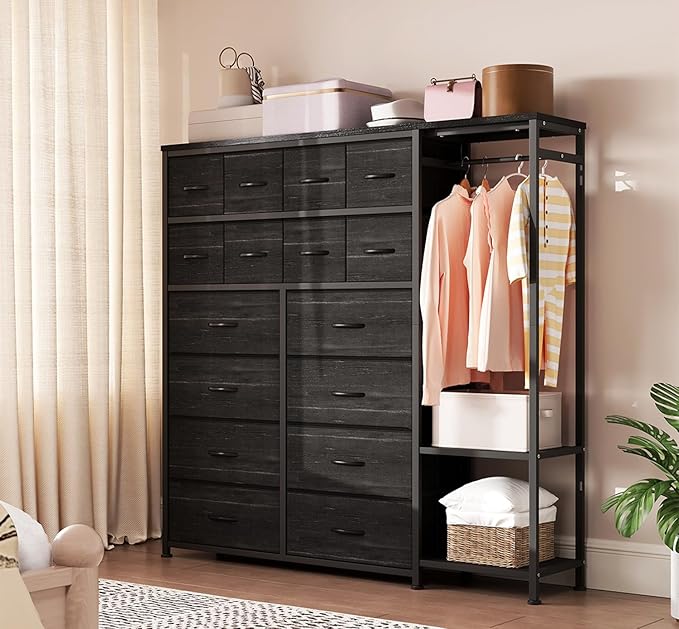 GarveeHome Dresser with 16 Drawers & Hanging Rod & Shelves, Fabric Storage Organizer for Bedroom, Closet, or Entryway