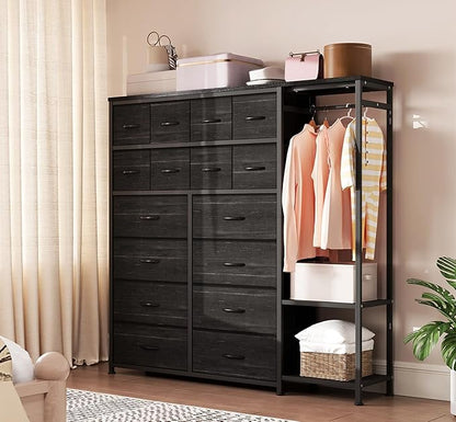 GarveeHome Dresser with 16 Drawers & Hanging Rod & Shelves, Fabric Storage Organizer for Bedroom, Closet, or Entryway