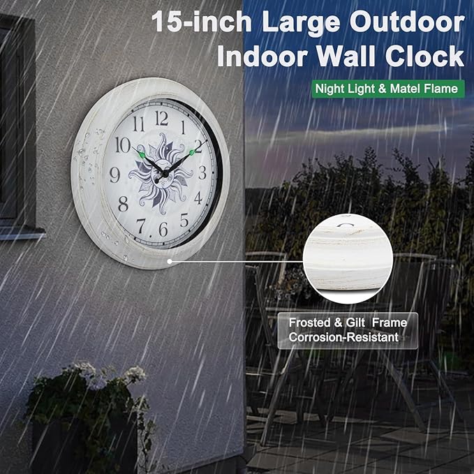 OCEST Metal Large Night Light Outdoor Clock Waterproof, 15 Inch Silent Indoor Wall Clocks Illuminated Battery Operated Decor for Garden Pool Patio Living Room Decorative
