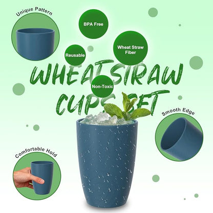 Wheat Straw Drinking Cups Set of 6, 16 OZ Unbreakable & Lightweight Plastic Cups Reusable, Dishwasher Safe Tumblers for Camping, Kitchen, RV, Party， Dark Blue