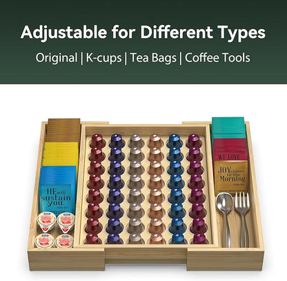 for Nespresso Original Capsules - Expandable Bamboo Coffee Pod Storage for Counter Drawer Insert - 48 Capsules & Tea Bags Organizer (Expands from 11.6" to 18")