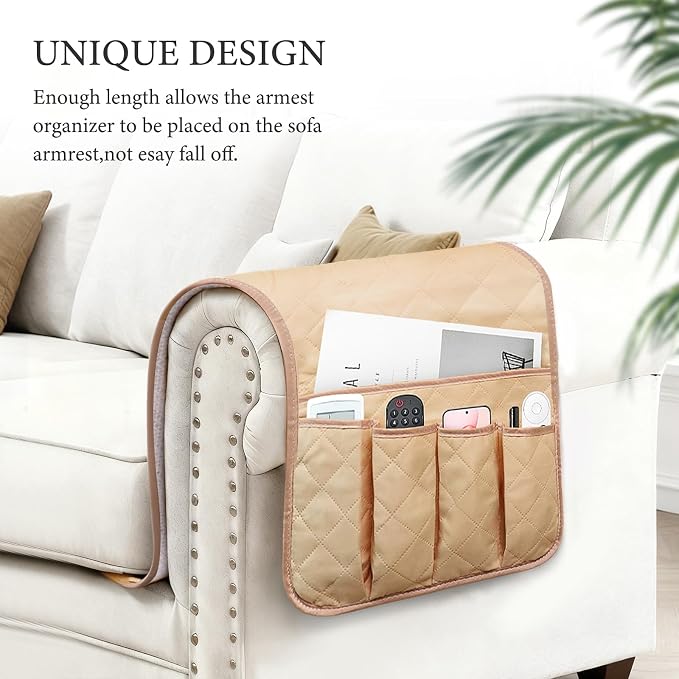 Armchair Caddy for Recliner, Couch Caddy Storage Organizer with 5 Pockets, Non Slip Sofa Arm Organizer for Remote Controls, Phone, Magazines, Tablet (Light Khaki)