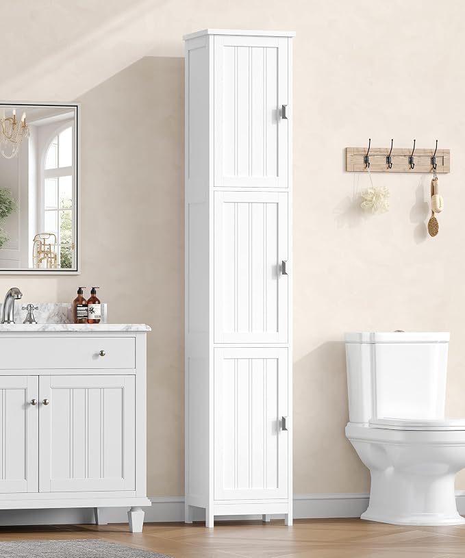 Tall Narrow Bathroom Storage Cabinet, 3-Tier Slim Storage Cabinet with Adjustable Shelves and 3 Doors, Linen Cabinet for Bathrooms, Living Room, Laundry Room, Kitchen, White
