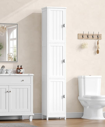 Tall Narrow Bathroom Storage Cabinet, 3-Tier Slim Storage Cabinet with Adjustable Shelves and 3 Doors, Linen Cabinet for Bathrooms, Living Room, Laundry Room, Kitchen, White