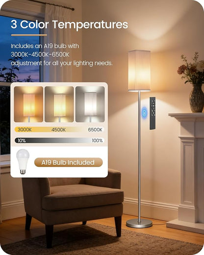 64.2” Dimmable Floor Lamp for Living Room with Remote and Foot Switch, Corner Floor Lamp for Bedroom, Includes 10W A19 Bulb, Modern Standing Tall Lamp, ETL Listed, Silver and White SCW17LD05