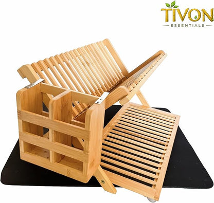 Bamboo Dish Drying Rack with Utensil Holder & Absorbent Dish Drying Mat|3Tier Collapsible Wooden Dish Rack for Kitchen Countertop|Large Foldable Dish Drainer|Kitchen Organizer for Plates Cups utensils