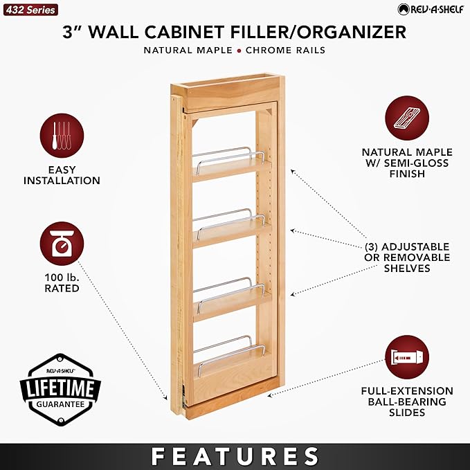 Rev-A-Shelf 3" W x 30" H Pullout Shelf Organizer for Between Wall Kitchen Cabinets, Filler Spice Rack & Seasoning Storage Holder, Maple Wood, 432-WF-3C