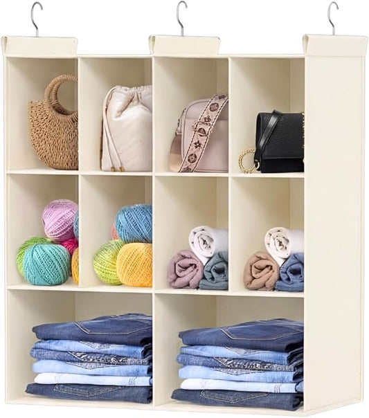 Ofiray-home 3 Tier Hanging Closet Organizer, 10 Compartments Sweater Organizer for Closet with 3 Sturdy Hooks, Closet Organizers and Storage, Wardrobe, Rv, Garment Rack, Beige