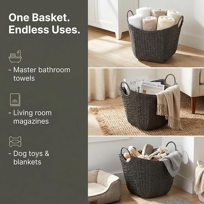 Household Essentials Paper Rope Basket with Handles, Natural Woven Woven Storage Basket, Great for Decoration or Organization