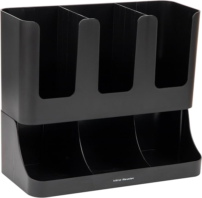 Mind Reader Condiment Station, 13 Inch Countertop Coffee Bar Organizer with 6 Compartments, Storage Caddy for Cups, Lids and Packets, Plastic, Black