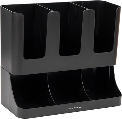Mind Reader Condiment Station, 13 Inch Countertop Coffee Bar Organizer with 6 Compartments, Storage Caddy for Cups, Lids and Packets, Plastic, Black