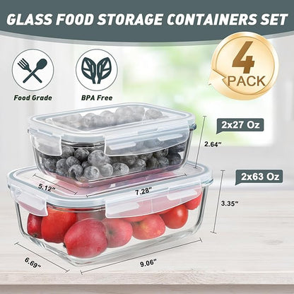 KOMUEE Large Glass Food Storage Containers Set (63oz & 27oz) with Airtight Lids, BPA-Free, 4 Pack Meal Prep Containers for Baking, Serving, Freezer, Microwave and Oven Safe