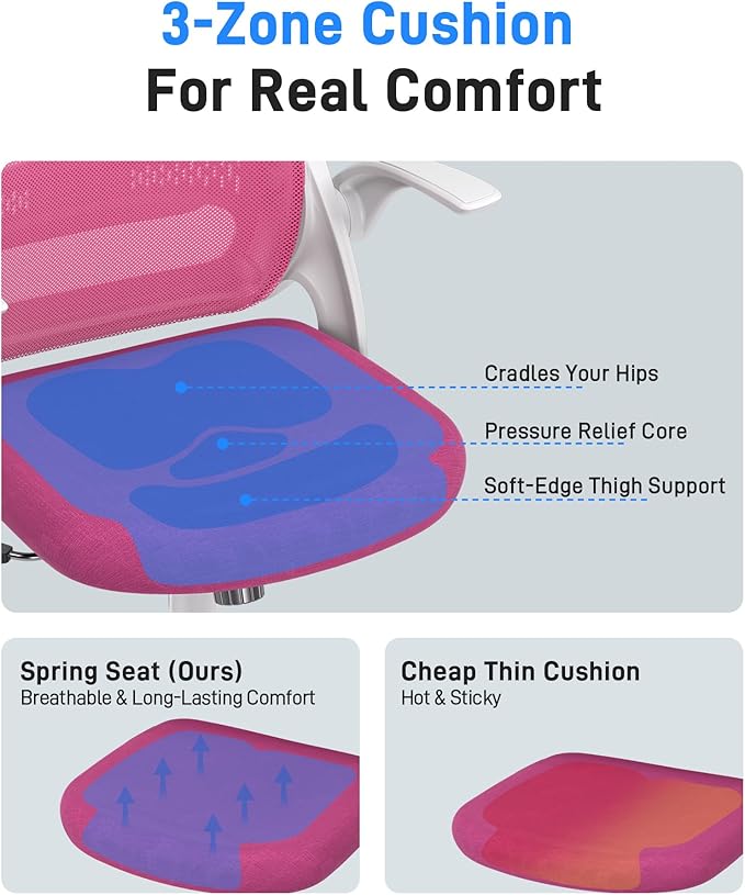 Ergonomic Mesh Office Chair for Home Office, Flip-Up Arms, Breathable Mesh Back & Thick Seat Cushion, Swivel Rolling Computer Desk Chair – BIFMA Certified, Supports 300 lbs (White Frame/Pink Seat)