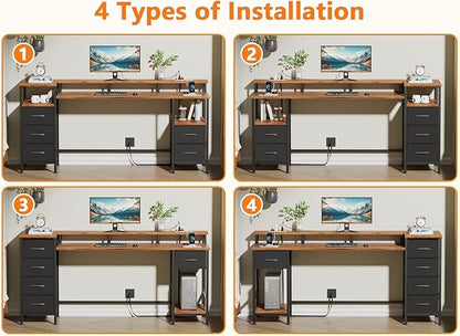 61 Inch Computer Gaming Desk with Power Outlets LED Lights Reversible Home Office with Adjustable Fabric Storage Drawers for Working Writing Study, Rustic Brown