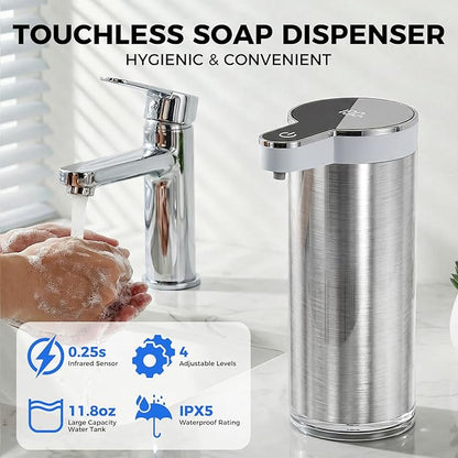 Automatic Foaming Soap Dispenser Touchless, Stainless Steel Hand Soap Dispenser, USB Rechargeable, 4 Adjustable Levels, 11.8oz/350ml for Kitchen and Bathroom (Stainless Steel White, Foam)
