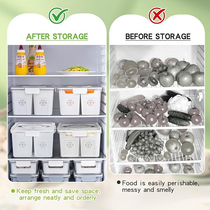 Stackable Refrigerator Organizer Bins with Lids, 4-Compartment Fridge Storage Container with Colanders & Handles, Clear Airtight Food Saver for Fruit, Vegetables & Berries