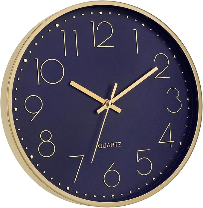 Foxtop Modern Wall Clock 12 Inch Silent Non-Ticking Battery Operated Round Quartz Gold Wall Clock for Living Room Bedroom Kitchen Office Classroom Decor (Dark Blue Dial)