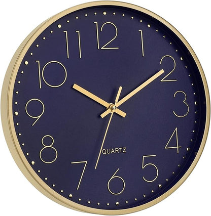 Foxtop Modern Wall Clock 12 Inch Silent Non-Ticking Battery Operated Round Quartz Gold Wall Clock for Living Room Bedroom Kitchen Office Classroom Decor (Dark Blue Dial)