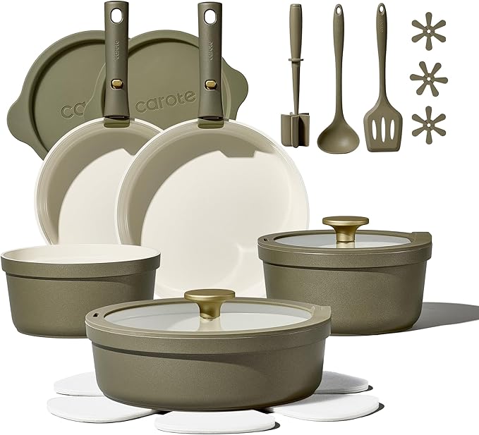 Carote 21pcs Ceramic Cookware Set with Detachable Handles, Pots and Pans Set Non Stick, RV Kitchen Cooking Pot and Pan, Dishwasher Safe, Non-toxic Induction Cookware PFAS and PFOA Free, Green