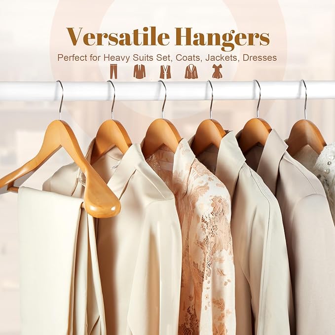 HOUSE DAY Wooden Suit Hangers 6 Pack，Heavy Duty Wide Shoulder Wooden Hangers, Solid Wood Coat Hanger with Non-Slip Pant Bar for Petite Adults, Teens and Small Suits, Coats, Jackets (Natural，16.5'')
