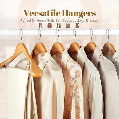 HOUSE DAY Wooden Suit Hangers 6 Pack，Heavy Duty Wide Shoulder Wooden Hangers, Solid Wood Coat Hanger with Non-Slip Pant Bar for Petite Adults, Teens and Small Suits, Coats, Jackets (Natural，16.5'')