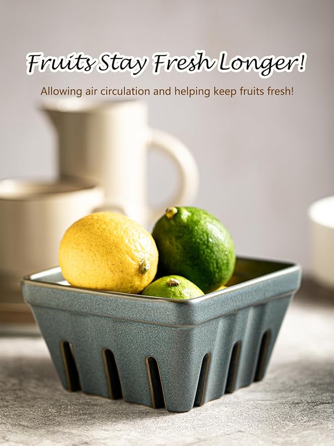 Gomakren Fruit Basket for Kitchen, Fruit Bowl with Holes, Ceramic Berry Basket Set of 2, 5.7 Inch Square Berry Containers for Fridge, Table, Modern Kitchen Decor, Slate Blue