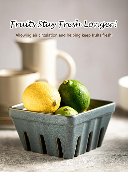 Gomakren Fruit Basket for Kitchen, Fruit Bowl with Holes, Ceramic Berry Basket Set of 2, 5.7 Inch Square Berry Containers for Fridge, Table, Modern Kitchen Decor, Slate Blue