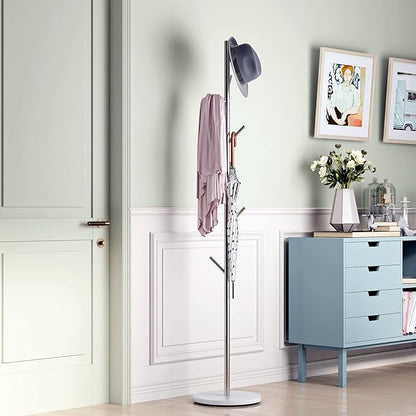 Silver Coat Racks, Metal Coat Rack Freestanding with Hooks, Entryway Coat Rack Stand, Coat Racks with Marble Base, Coat Tree for Hanging Clothes, Hats, Bags