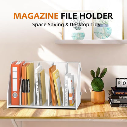 SUPEASY Binder Organizer, Magazine File Holder with 5 Vertical Compartments Rack, Metal Desk File Organizer & Binder Holders, Magazine Organizers for Office Desktop, Home, School,Classroom (White)