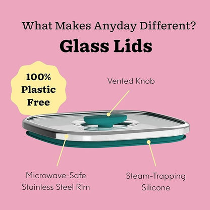 Anyday 10-Cup Square Glass Food Storage with Glass Lid | Plastic-Free Meal Prep & Microwave Cookware | Stackable Airtight Storage Container with Vented Lid for Microwave-Safe Reheating